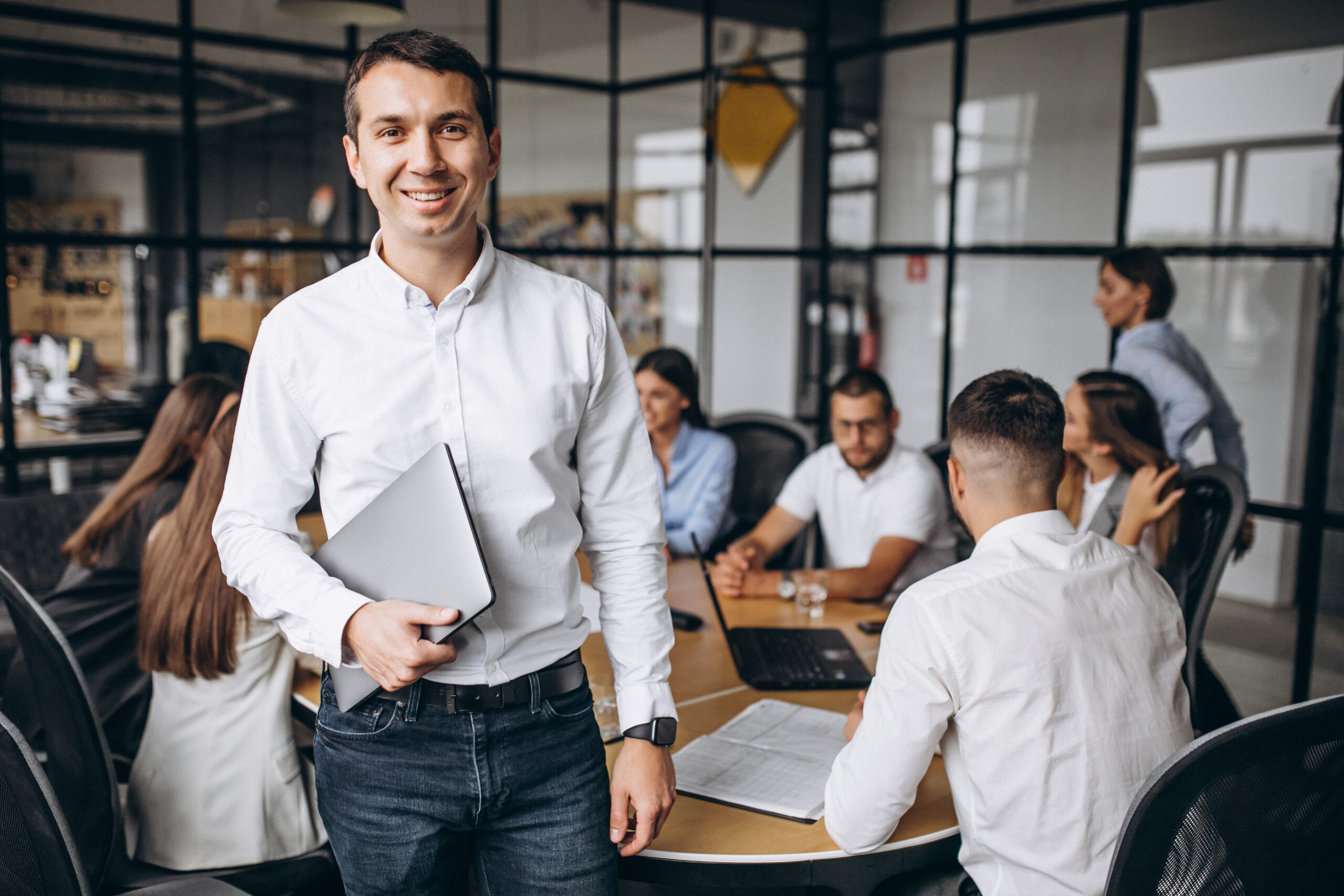 group of people working out business plan in an office